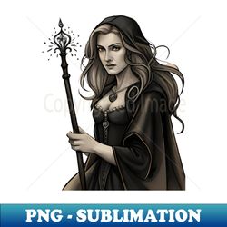 Sorceress with a black cloak and mystical staff - Exclusive PNG Sublimation Download - Revolutionize Your Designs