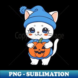 white cat in a blue hat holding a pumpkin cat halloween - modern sublimation png file - transform your sublimation creations