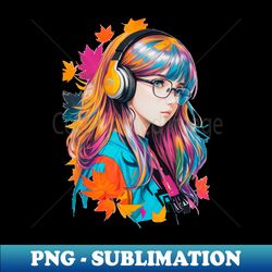 fashion gamer girl with autumn style headset and colored leaves - Instant PNG Sublimation Download - Bold & Eye-catching