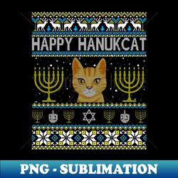 Happy Hanukcat Hannukah Jewish Cat Ugly Christmas Sweater Long Sl - Signature Sublimation PNG File - Create with Confidence