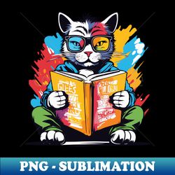 colorful graffiti illustration colorful cat schoolboy reading a book wearing glasses - PNG Transparent Sublimation Design - Unleash Your Inner Rebellion