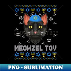 Meowzel Tov Jewish Black Cat Chanukah Ugly Hanukkah Sweater Long Slee - Sublimation-Ready PNG File - Perfect for Sublimation Art