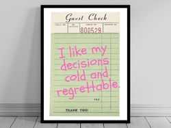 Retro Guest Check - Cold with Regret Trendy Wall Art Cocktail Rocky Bourbon Bar Cart Alcohol Poster Dorm Art