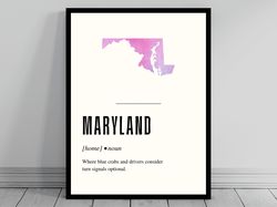 Funny Maryland Definition Print  Maryland Poster  Minimalist State Map  Watercolor State Silhouette  Modern Travel  Word