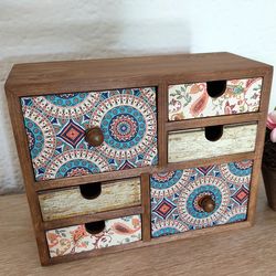 Mini Desktop Chest Of Drawers. Jewelry Organizer. Wooden Makeup Container.