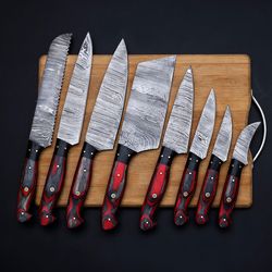 handmade damascus chef set of 8pcs with leather cover,kitchen knives set,personalized gift,kitchen knife set, amindustry