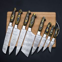 handmade damascus chef set of 8pcs with leather cover,kitchen knives set,personalized gift,kitchen knife set,am industry
