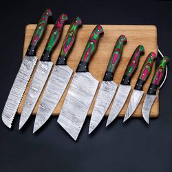 Handmade Damascus Chef set of 8pcs With Leather Cover,Kitchen knives set,Personalized gift,Kitchen knife set,Am industry