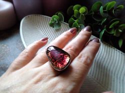 Big Glass fused ring, simple stained glass, tiffany ring, shiny ring, transparent ring, tin soldered ring