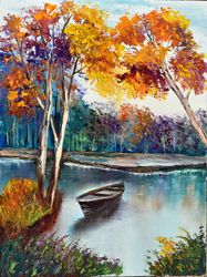 Sunny autumn landscape with a boat. Landscape bright painting.