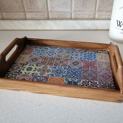 Handmade Wooden Tea Tray. Home, Cottage, Country Rustic Kitchen Decor. Coffee or Tea Serving.
