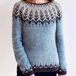 Icelandic Wool Sweater Lopapeysa Women Hand Knitted Scandinavian Seamless Pullover Patterned Round Yoke Christmas Gift