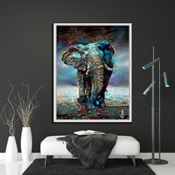 Blue Tones Elephant Canvas Wall Art, Gold Detailed Elephant Wall Decor, Animal Canvas Wall Print, Gift For Animal Lover,