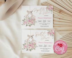 Pink Floral Spanish Bridal Shower Invitation, Bridal Shower Invitation, Despedida de Soltera Invitacion Editable Corjl