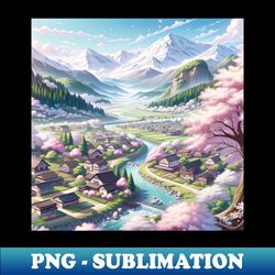 serene mountain village anime landscape - png sublimation digital download - capture imagination with every detail