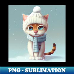 cute cat with a scarf and hat in winter scenery - png transparent sublimation design - perfect for personalization