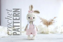 bunny crochet pattern in english. bunny toy in pink overalls. bunny amigurumi pdf pattern, diy crochet cute bunny