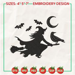 Horror Witch Flying Embroidery Design, Scary Witch Embroidery Machine Design, Witches Halloween Embroidery Design For Shirt
