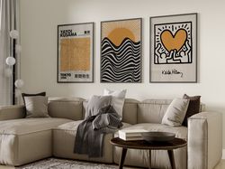 Set of 3 Sage Yellow Kusama, Keith Haring and Bauhaus, Mustard Wall Art Poster, Beige Wall Art, Famous Artists