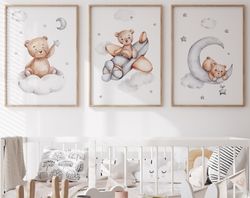 Set of 3 Teddy Bear Print,Bear Nursery Decor,Nursery Wall Decor,Baby Boy Print,New Baby Printable,Brown Nursery Poster,N
