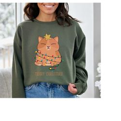 Merry Christmas Sweatshirt, Merry Catmas Hoodie, Funny Christmas Sweater, Holiday Crewneck, Meowy Christmas, Cute Cat Sw