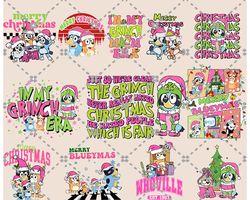 12 Pink Blue Dog & Christmas Png Bundle, Blue Dog and Family Png, Christmas Cartoon Png, Funny Christmas 2023 Png