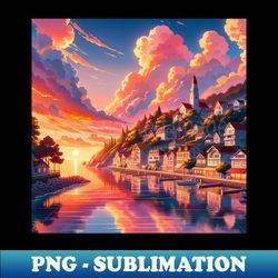 sunset coastal town anime landscape - stylish sublimation digital download - unlock vibrant sublimation designs