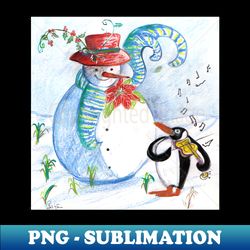 SNOWMAN AND  WINTER SERENADE OF VIOLINIST PENGUIN - PNG Transparent Digital Download File for Sublimation - Fashionable and Fearless