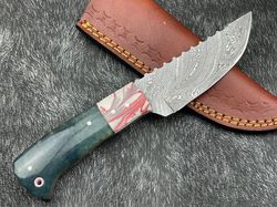 Custom handmade Damascus steel Skinning Knife, hunting Knife W/Leather Sheath,