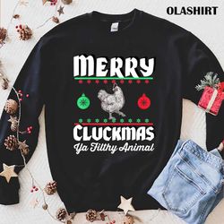 New Merry Cluckmas Funny Chicken Christmas Retro Vintage T-shirt - Olashirt