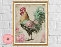 Cross Stitch Pattern , Rooster In Old Paper Design,Full Coverage,Pdf,X Stitch Chart,Farm Animals,Pink Rose,Farm Animal