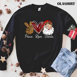 New Peace Love Santa Leopard Buffalo Plaid Christmas T-shirt - Olashirt