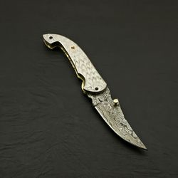 Custom Hand Forged Damascus Steel Folding knife with engraved steel Handle/Sheat