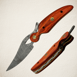 Handmade Damascus Steel Folding Pocket Knife - Leaf Shaped - Sheath & Sharpener