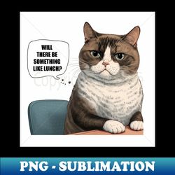 Illustration of cute cat sitting at the table in thought will there be something like lunch - Premium PNG Sublimation File - Stunning Sublimation Graphics