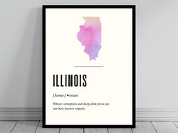 Funny Illinois Definition Print  Illinois Poster  Minimalist State Map  Watercolor State Silhouette  Modern Travel  Word