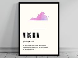 Funny Virginia Definition Print  Virginia Poster  Minimalist State Map  Watercolor State Silhouette  Modern Travel  Word