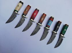Lot of 7, 6 INCH DAMASCUS steel blade SKINNER KNIVES WITH LEATHER SHEATHS, Anniversary gift