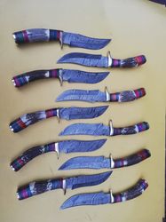 LOT OF 10, OVERALL LENGTH 6 INCHES DAMASCUS STEEL HUNTING SKINNER KNIVES WITH LEATHER SHEATHS