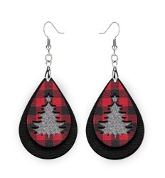 Black and Red Buffalo Plaid Christmas Tree Earrings - Holiday Dangle Earrings