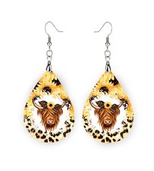 Yellow Sunflower Highland Cow Earrings, Sunflower Leopard Print Cow Earrings