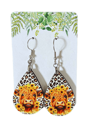 Leopard Sunflower Highland Cow Earrings, Cow Earrings