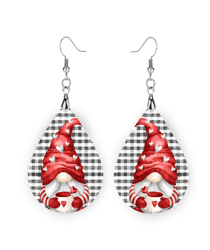 Valentine Gnome Earrings, Buffalo checkered, Teardrop Gnome with hearts and a drink, Valentines LOVE