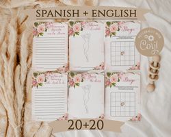 Pink Rose English Spanish Bridal Shower Games, Despedida de Soltera Juegos, Pink Floral Spanish English Bachelorette