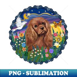 Sunrise Garden with a Ruby Cavalier King Charles Spaniel - Premium Sublimation Digital Download - Bold & Eye-catching