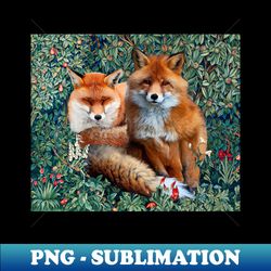 RED FOXES AMONG GREENERY FOLIAGE AND WILD FLOWERS - Modern Sublimation PNG File - Perfect for Creative Projects