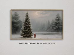 FRAME TV ART Christmas Santa Claus Landscape Scene, Vintage Winter Neutral Rustic, Xmas Pine Tree Holiday Samsung Tv, Di
