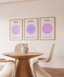 Mind Body Soul Purple Aura Poster 3 Piece Wall Art, Aura Energy Spiritual Gradient Set of 3 Prints, Aesthetic Room Decor