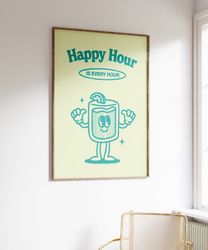 Retro Happy Hour Print, Retro Character Wall Art, Downloadable Art, Wall Decor, Large Printable Art, Printable Wall Art