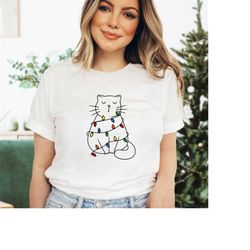 Meowy Christmas Shirt, Funny Christmas Cat Shirt, Happy Cat Year Shirt, Christmas Gifts for Cat Lovers, Christmas Lights
